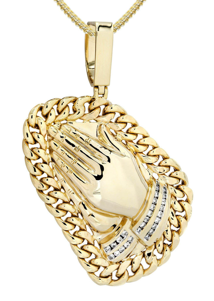 14 Yellow Gold Praying Hands Diamond Pendant & Cuban Chain | 0.63 Carats Diamond Combo FROST 