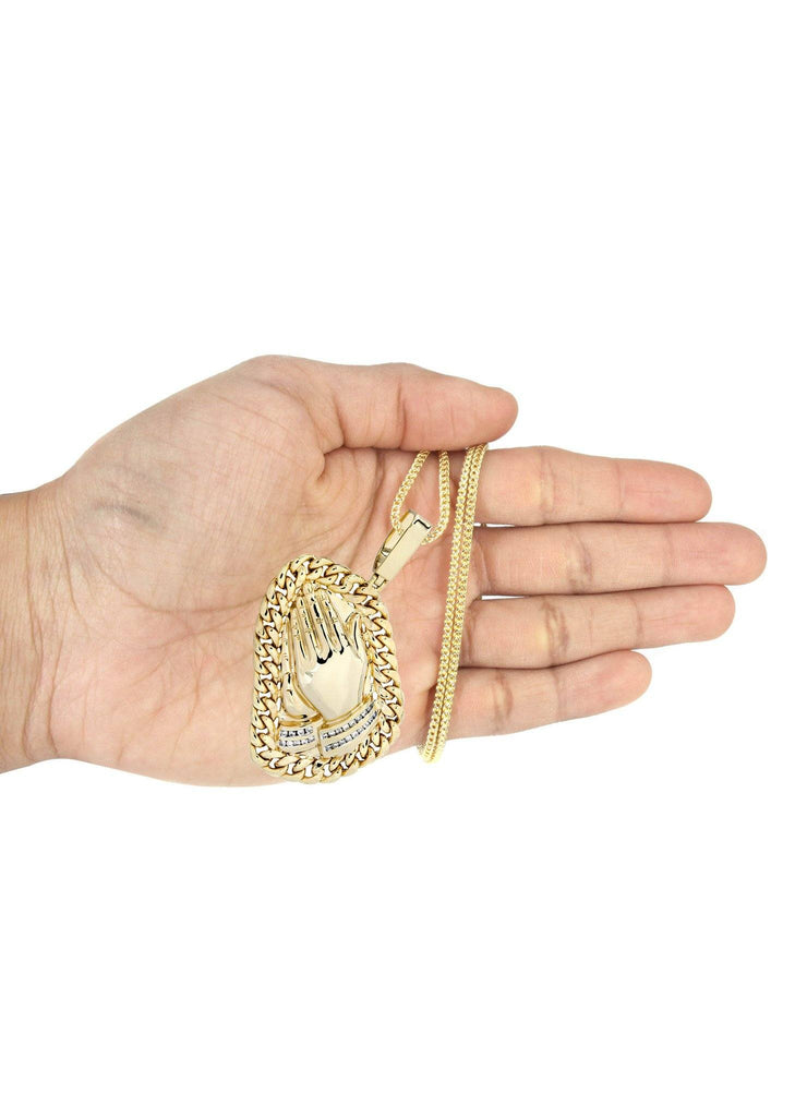 14 Yellow Gold Praying Hands Diamond Pendant & Cuban Chain | 0.63 Carats Diamond Combo FROST 