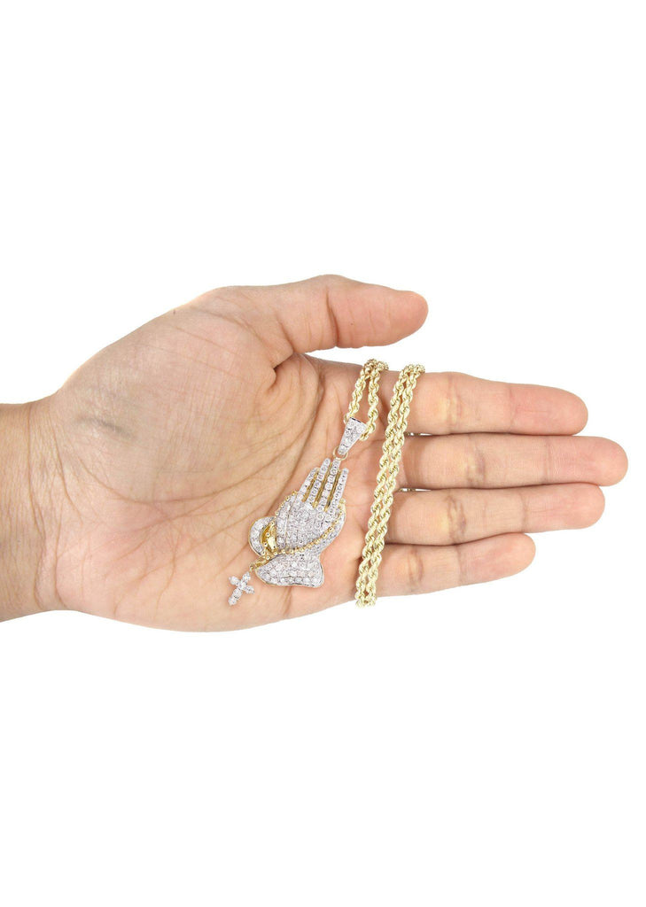 10K Yellow Gold Praying Hands Diamond Pendant & Rope Chain | 5 Carats Diamond Combo FROST NYC 