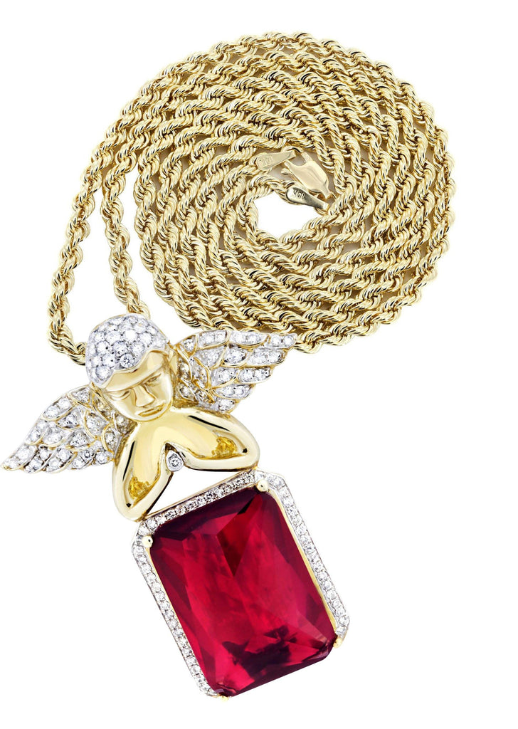 10K Yellow Gold Ruby Angel Pendant & Rope Chain | 1.6 Carats diamond combo FrostNYC 