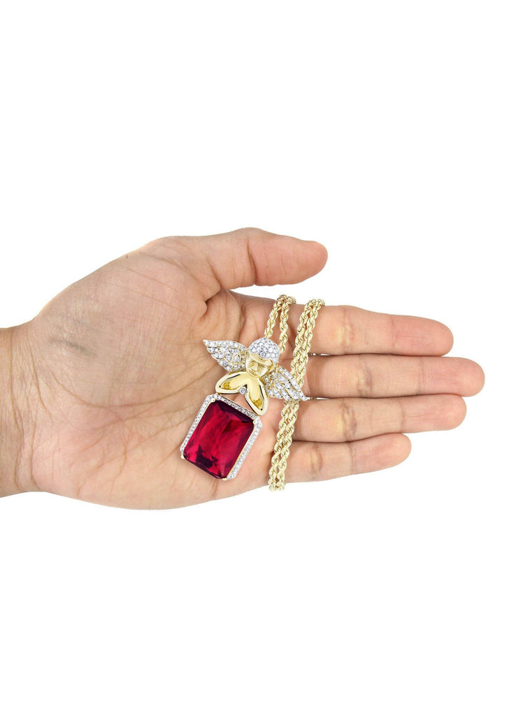 10K Yellow Gold Ruby Angel Pendant & Rope Chain | 1.6 Carats diamond combo FrostNYC 