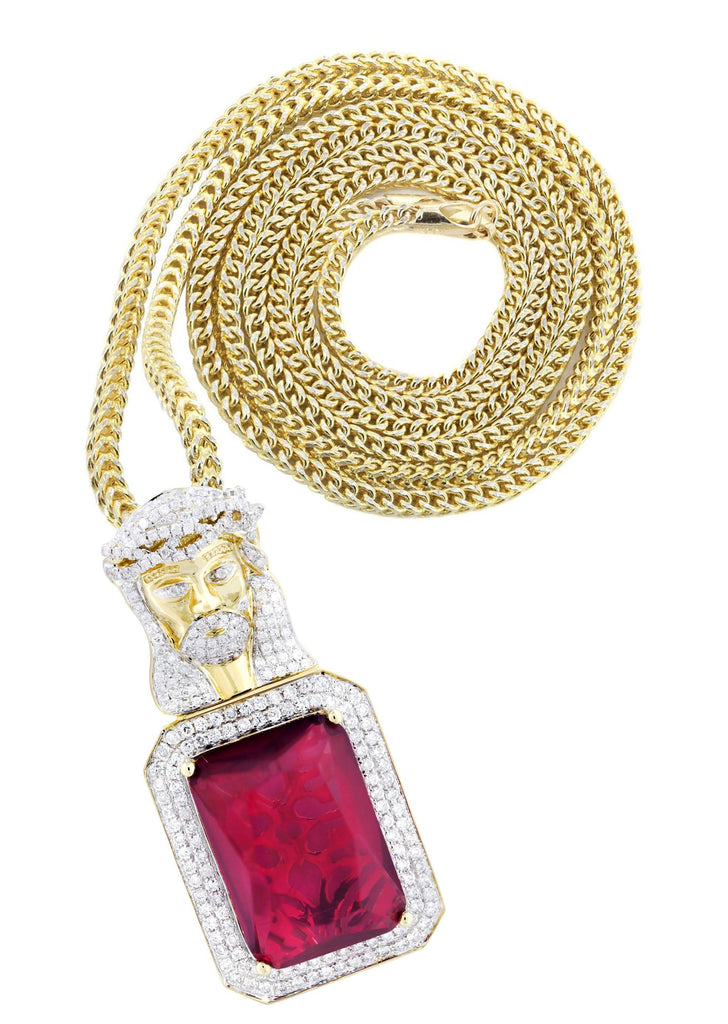 14K Yellow Gold Ruby Jesus Pendant & Franco Chain | 2.53 Carats diamond combo FrostNYC 