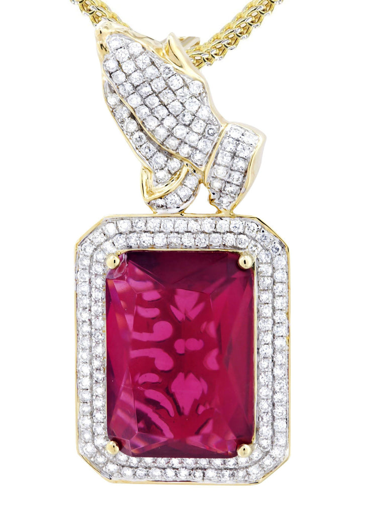 14K Yellow Gold Ruby Praying Hands Pendant & Franco Chain | 2.91 Carats diamond combo FrostNYC 