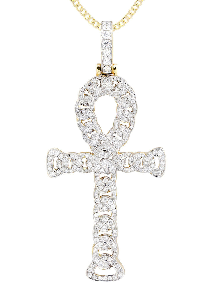 14K Yellow Gold Ankh Diamond Pendant & Cuban Chain | 1.88 Carats Diamond Combo FROST NYC 