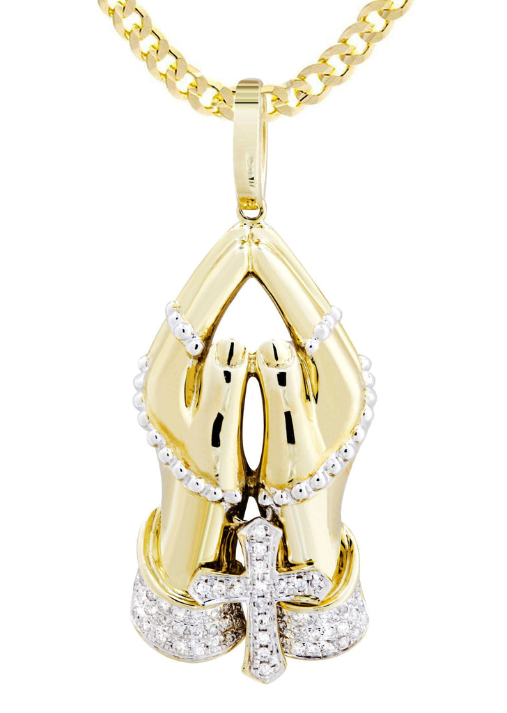 10K Yellow Gold Praying Hands Pendant & Cuban Chain | 0.46 Carats diamond combo FrostNYC 