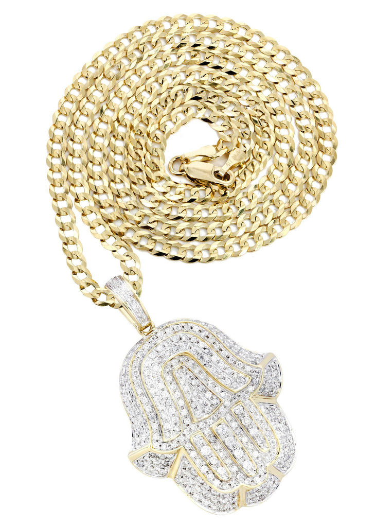 14K Yellow Gold Hamsa Diamond Pendant & Cuban Chain | 2.36 Carats Diamond Combo FROST NYC 