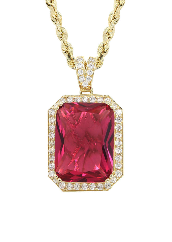 10K Yellow Gold Rope Chain & Cz Ruby Pendant | Appx. 22 Grams chain & pendant FROST NYC 