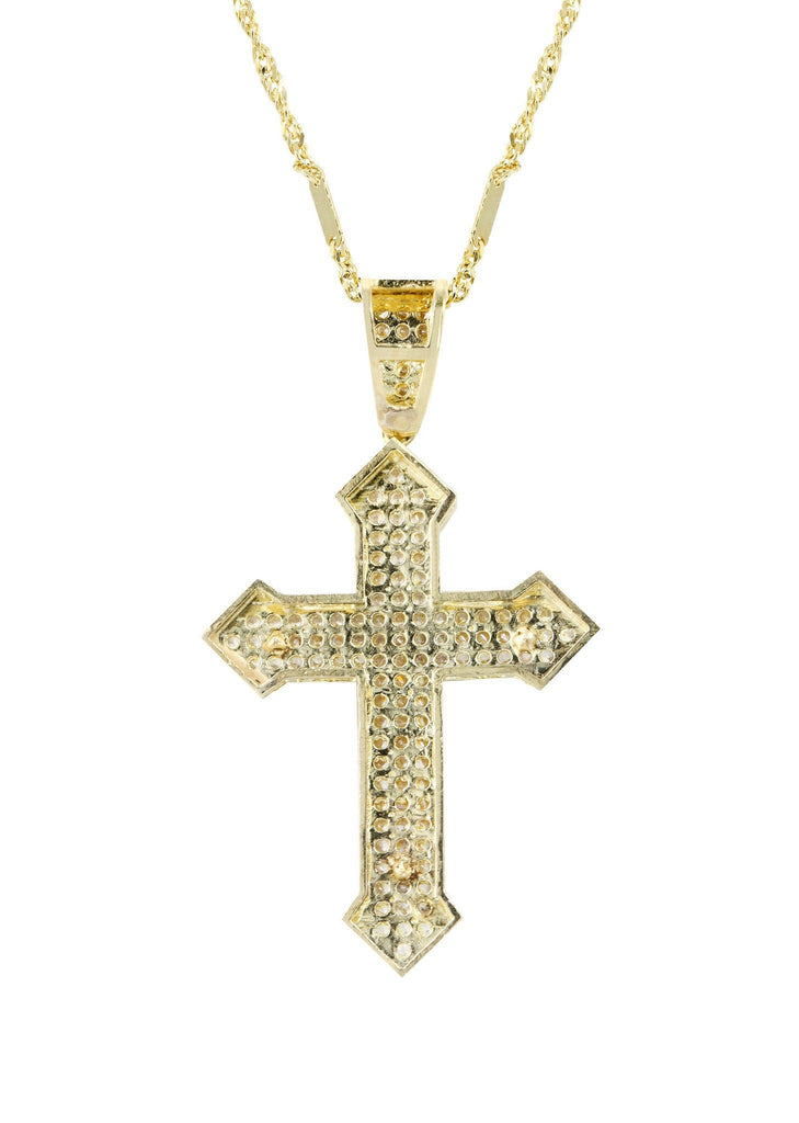 10K Yellow Gold Fancy Link Chain & Cz Gold Cross Necklace | Appx. 7.4 Grams chain & pendant FROST NYC 