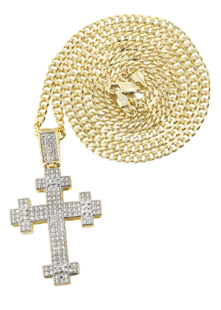 10K Yellow Gold Cuban Chain & Cz Gold Cross Necklace | Appx. 16.8 Grams chain & pendant FROST NYC 
