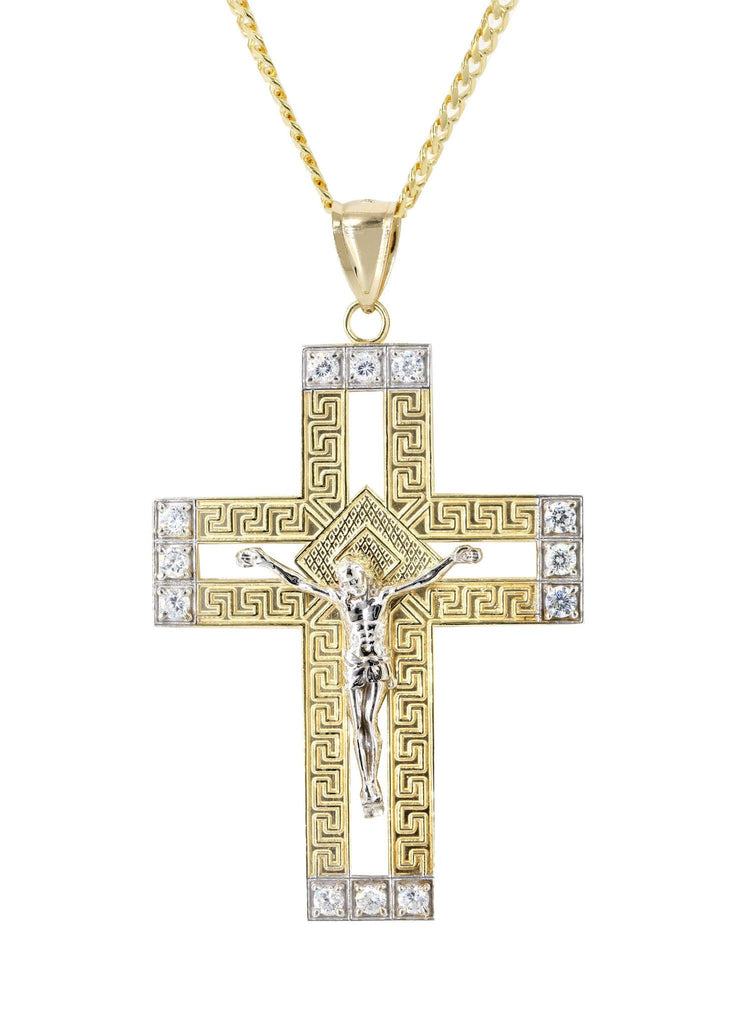 10K Yellow Gold Cuban Chain & Cz Gold Cross Necklace | Appx. 20.8 Grams chain & pendant FrostNYC 