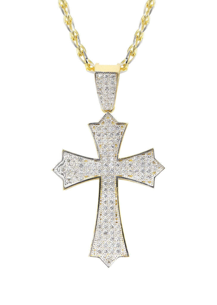 10K Yellow Gold Fancy Link Chain & Cz Gold Cross Necklace | Appx. 12.3 Grams chain & pendant FROST NYC 