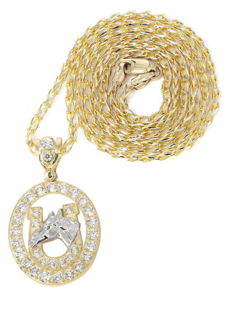 10K Yellow Gold Fancy Link Chain & Cz Horse Shoe | Appx. 12.6 Grams chain & pendant FROST NYC 