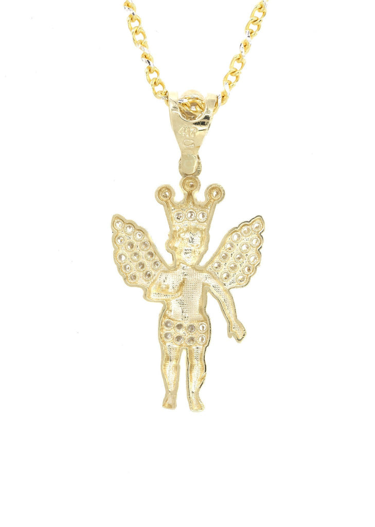 10K Yellow Gold Fancy Link Chain & Cz Angel Necklace| Appx. 10 Grams chain & pendant FROST NYC 