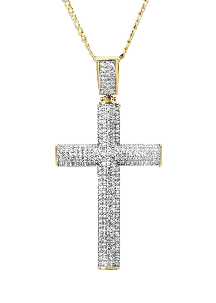 10K Yellow Gold Pave Cuban Chain & Cz Gold Cross Necklace | Appx. 13.1 Grams chain & pendant FROST NYC 