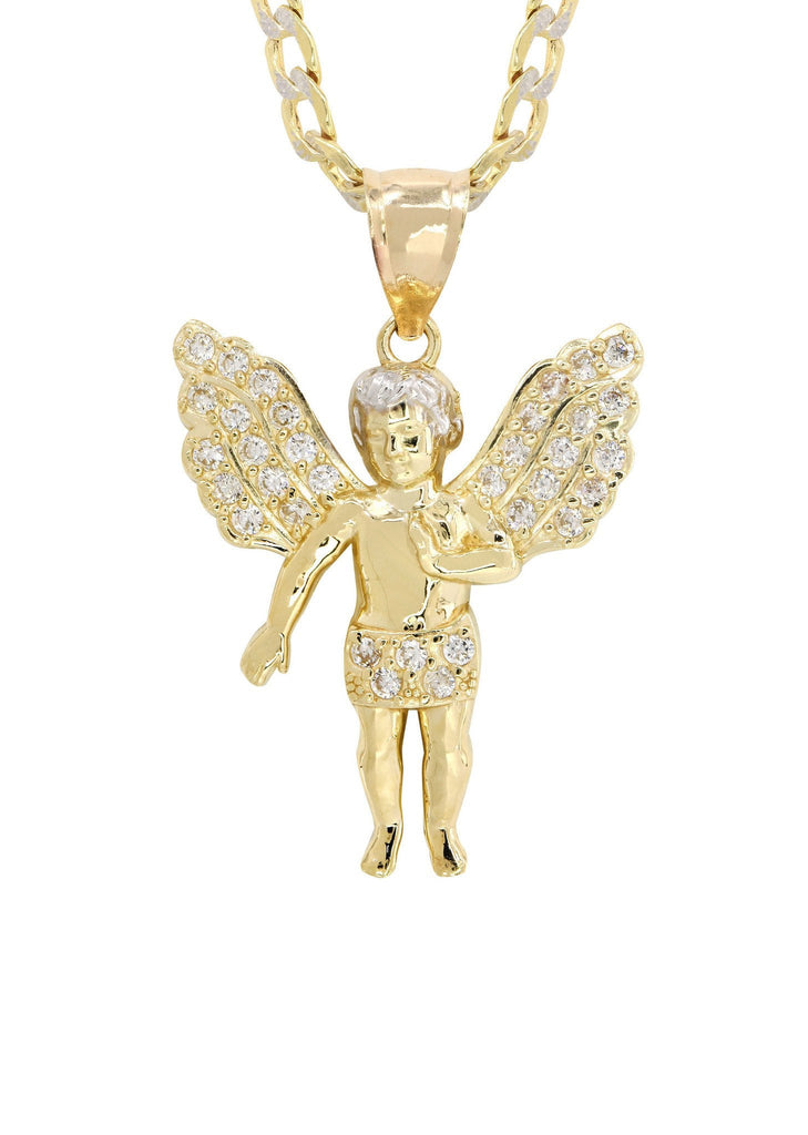 10K Yellow Gold Pave Cuban Chain & Cz Angel Pendant | Appx. 8.5 Grams chain & pendant FROST NYC 