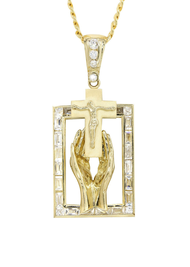 10K Yellow Gold Cuban Chain & Cz Praying Hands Pendnat | Appx. 33 Grams chain & pendant FROST NYC 