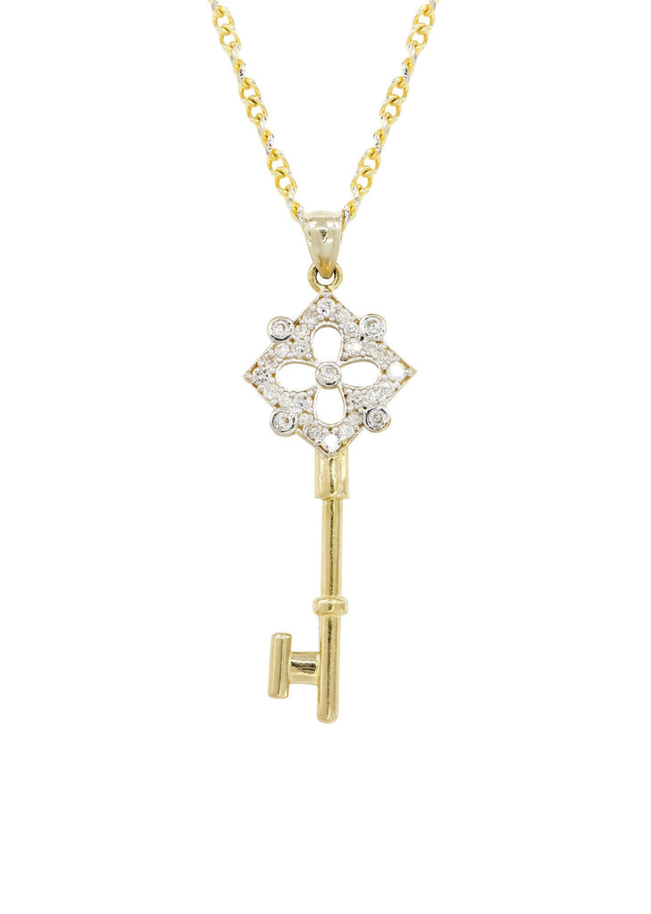 10K Yellow Gold Fancy Link Chain & Cz Key Pendant | Appx. 9.3 Gram chain & pendant FROST NYC 