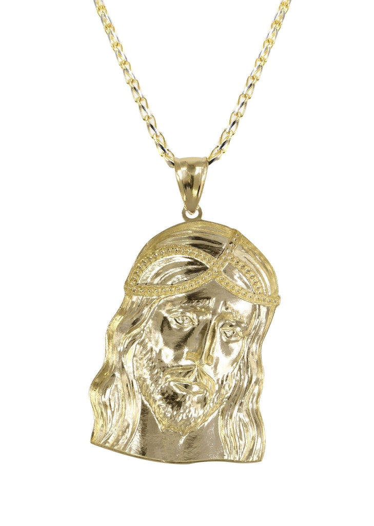 10K Yellow Gold Fancy Link Chain & Jesus Piece Chain | Appx. 15.2 Grams chain & pendant FROST NYC 