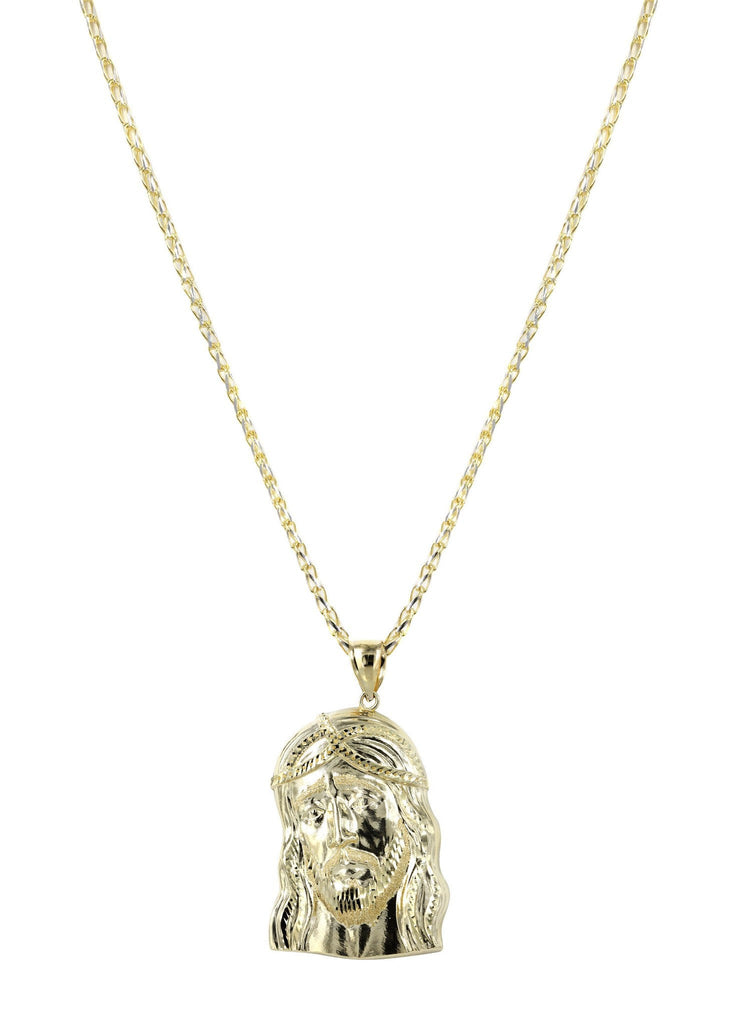 10K Yellow Gold Fancy Link Chain & Jesus Piece Chain | Appx. 15.2 Grams chain & pendant FROST NYC 