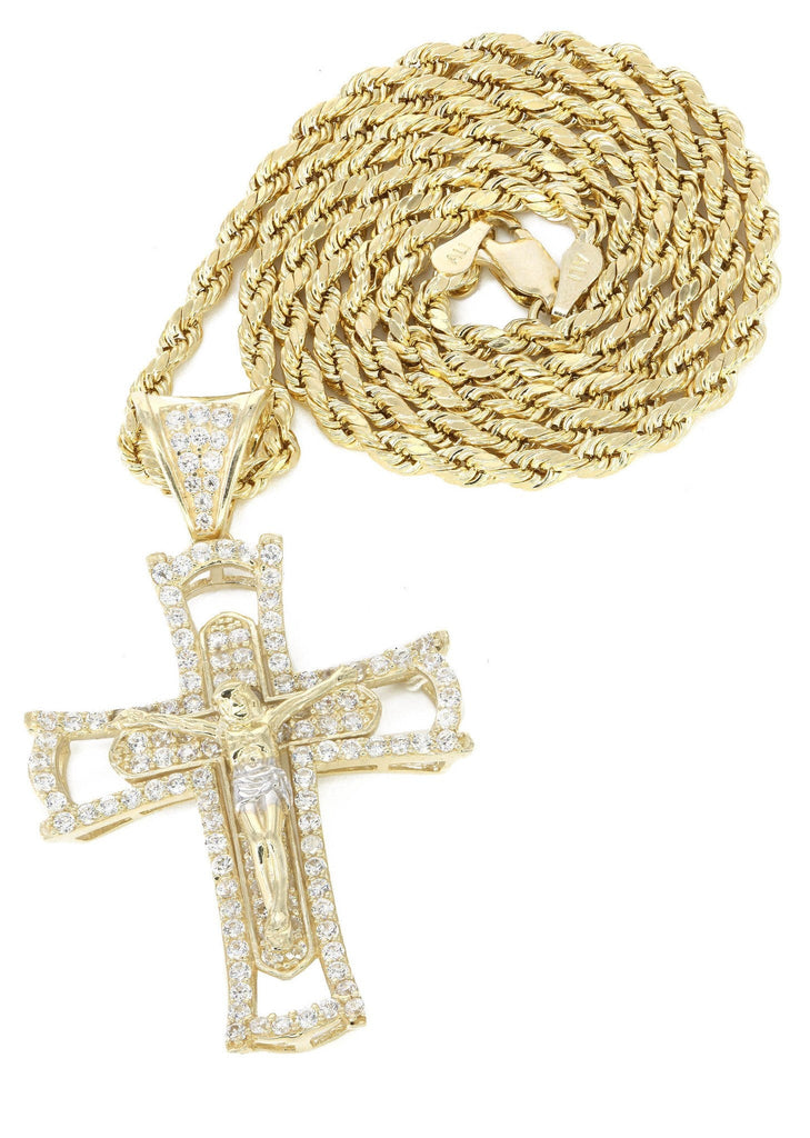 10K Yellow Gold Rope Chain & Cz Gold Cross Necklace | Appx. 11.2 Grams chain & pendant FROST NYC 