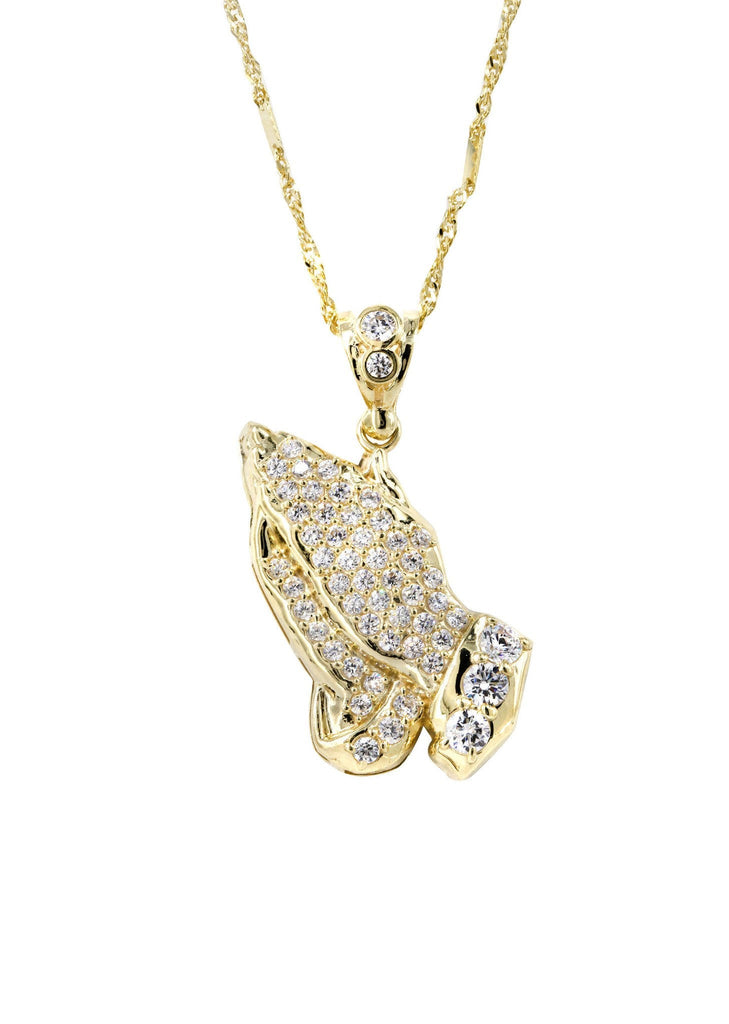 10K Yellow Gold Fancy Link Chain & Cz Praying Hands Pendnat | Appx. 9.1 Grams chain & pendant FROST NYC 