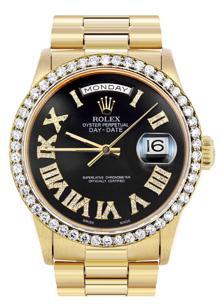 Rolex Day-Date | Presidential | 18K Yellow Gold | Diamond Bezel | Black Diamond Roman Dial CUSTOM ROLEX FrostNYC 