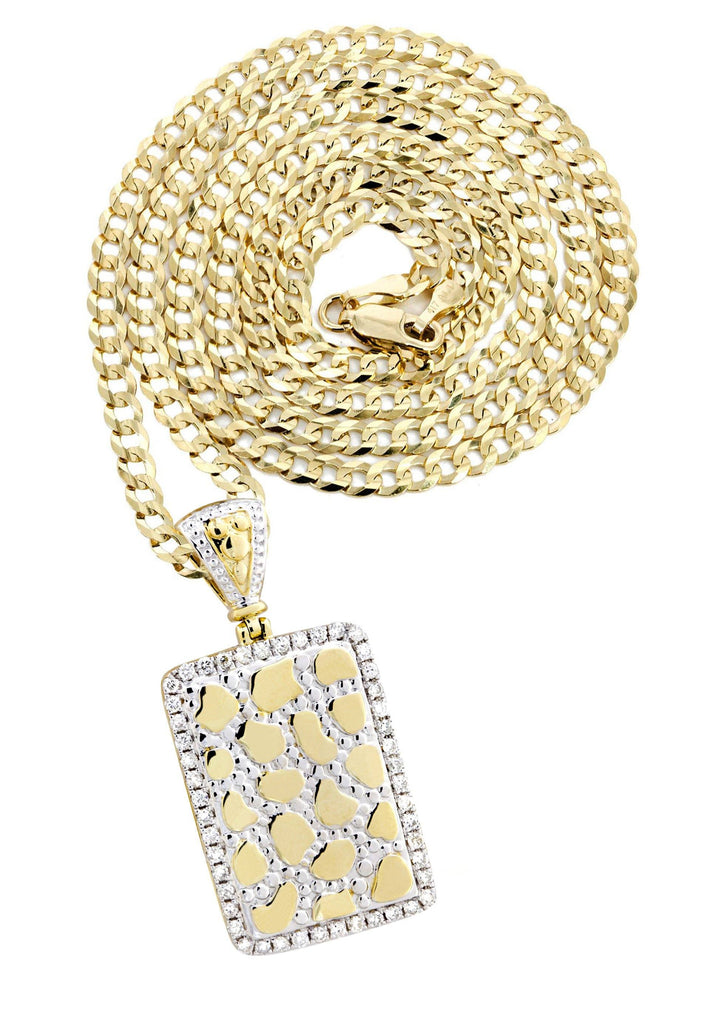 10K Yellow Gold Nugget Dog Tag Pendant & Cuban Chain | 0.84 Carats diamond combo FrostNYC 