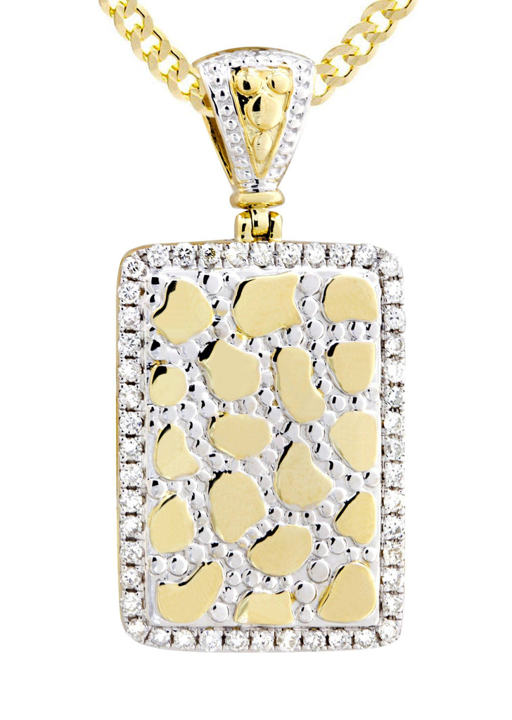 10K Yellow Gold Nugget Dog Tag Pendant & Cuban Chain | 0.84 Carats diamond combo FrostNYC 