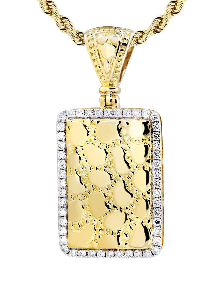 14K Yellow Gold Nugget Dog Tag Pendant & Rope Chain | 0.6 Carats diamond combo FrostNYC 
