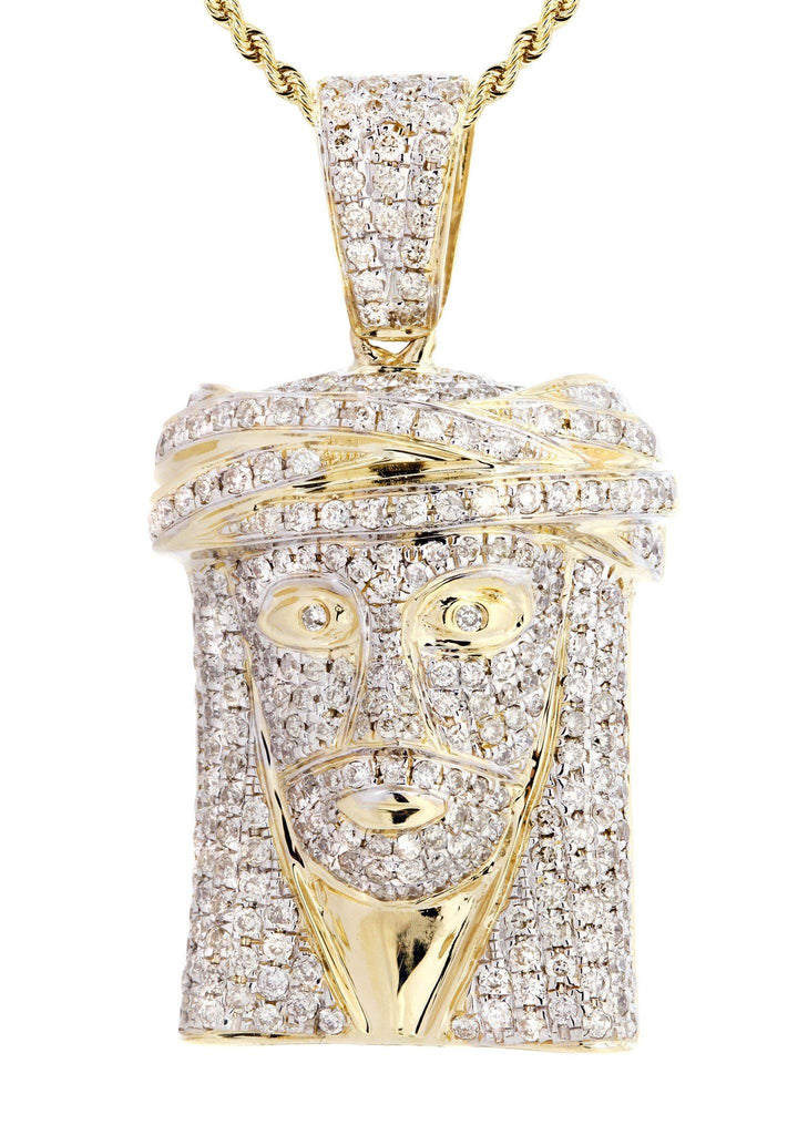 14K Yellow Gold Jesus Head Diamond Pendant & Rope Chain | 2.08 Carats Diamond Combo FROST NYC 