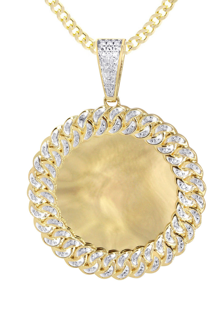 10K Yellow Gold Large Diamond Round Cuban Picture Pendant & Cuban Chain | Appx. 24 Grams MANUFACTURER 1 