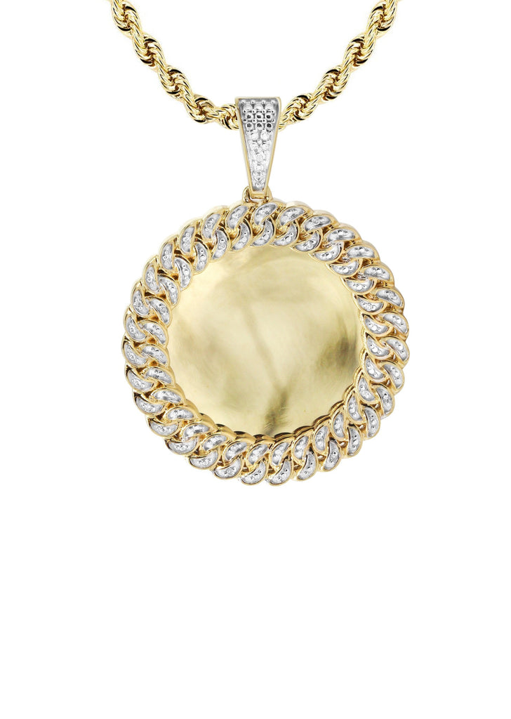 10K Yellow Gold Small Diamond Round Cuban Picture Pendant & Rope Chain | Appx. 18 Grams MANUFACTURER 1 