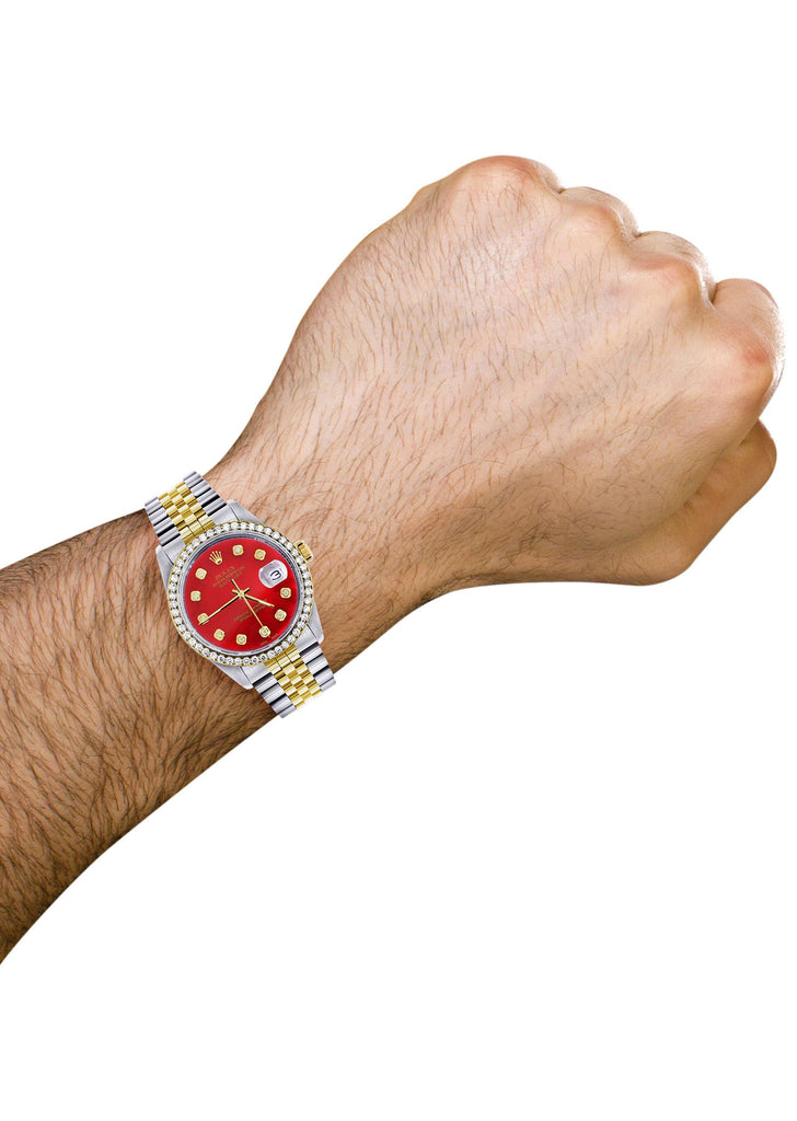 Gold & Steel Rolex Datejust Watch | 36Mm | Diamond Red Mother Of Pearl Dial | Jubilee Band CUSTOM ROLEX FrostNYC 