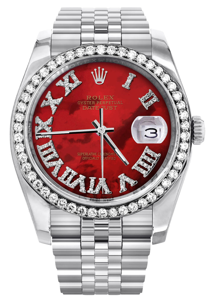 New Style | Hidden Clasp | Diamond Rolex Datejust Watch | 36Mm | Diamond Red Mother Of Pearl Roman Numeral Dial | Jubilee Band CUSTOM ROLEX MANUFACTURER 11 