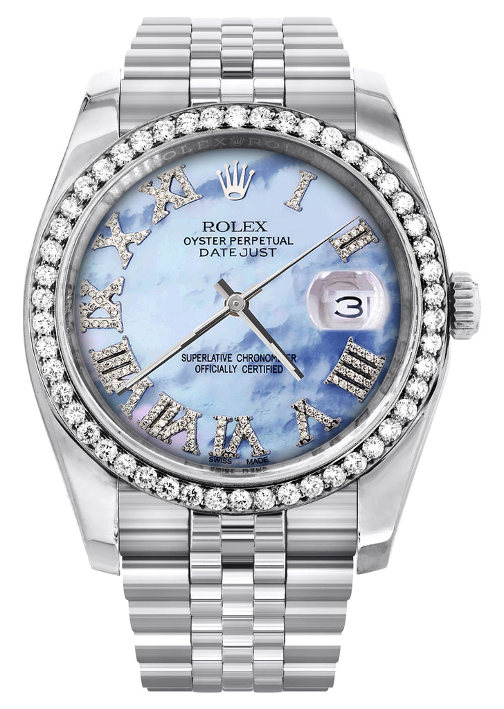 New Style | Hidden Clasp | Diamond Rolex Datejust Watch | 36Mm | Blue Mother Of Pearl Roman Numeral Dial | Jubilee Band CUSTOM ROLEX MANUFACTURER 11 