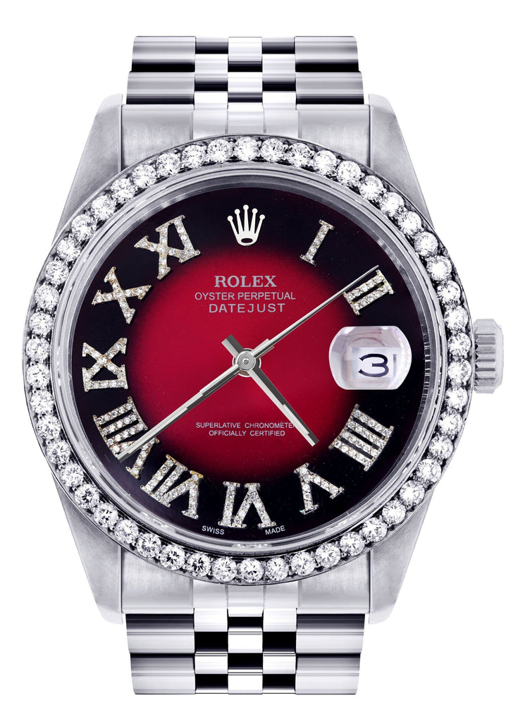 Diamond Rolex Datejust Watch | 36Mm | Diamond Red Roman Numeral Dial | Jubilee Band CUSTOM ROLEX FROST NYC 