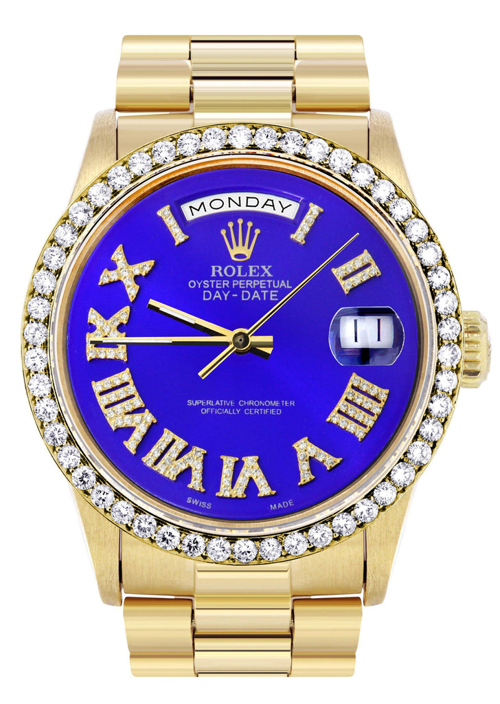 Rolex Day-Date | Presidential | 18K Yellow Gold | Diamond Bezel | Light Blue Roman Diamond Dial CUSTOM ROLEX FROST NYC 