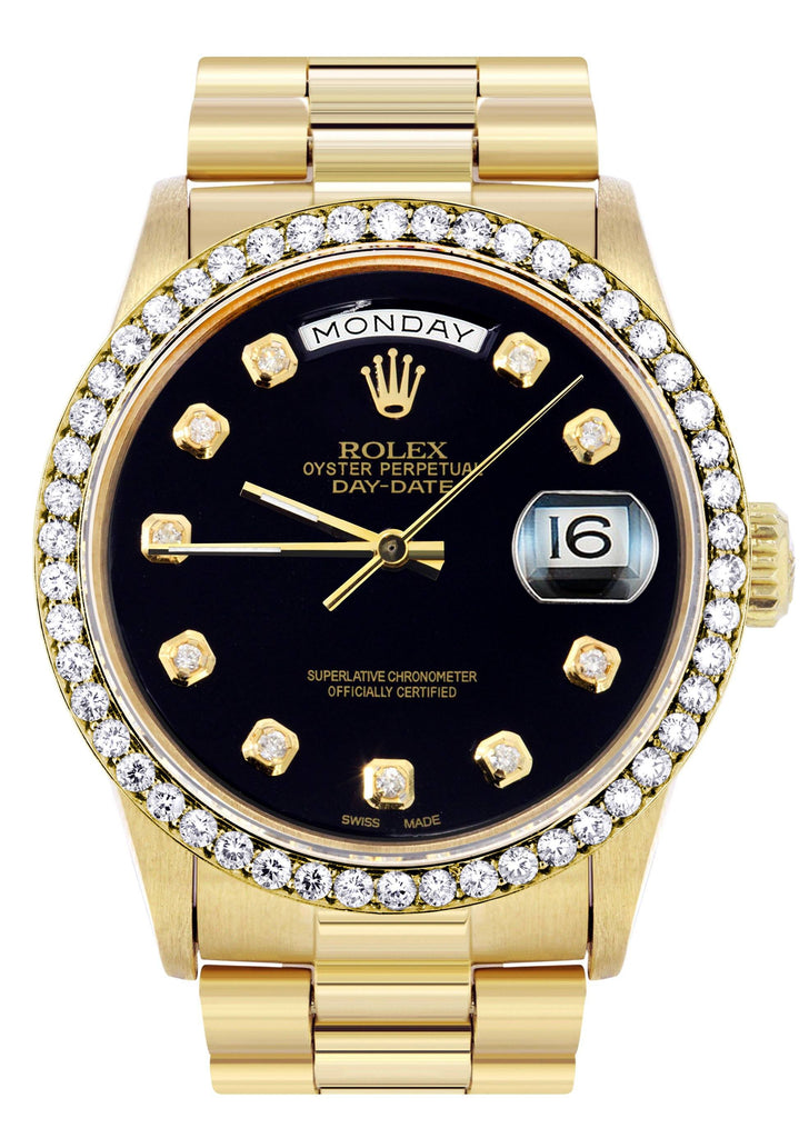 Rolex Day-Date | Presidential | 18K Yellow Gold | Diamond Bezel | Black Diamond Dial CUSTOM ROLEX FrostNYC 