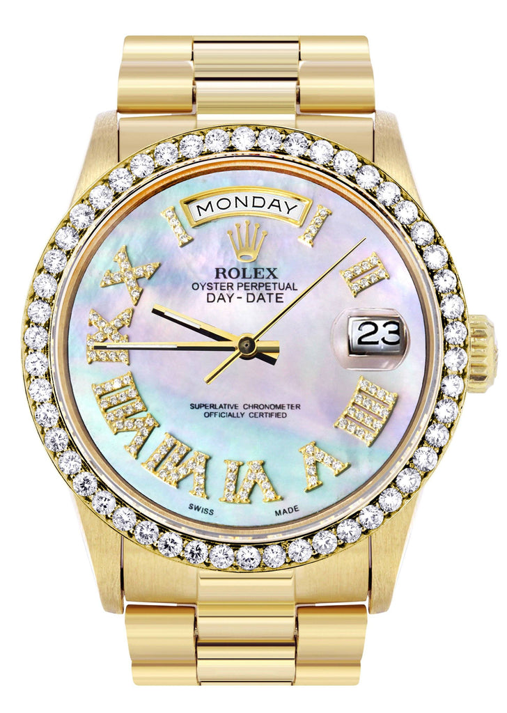 Rolex Day-Date | Presidential | 18K Yellow Gold | Diamond Bezel | Light Mother of Pearl Diamond Roman CUSTOM ROLEX FROST NYC 