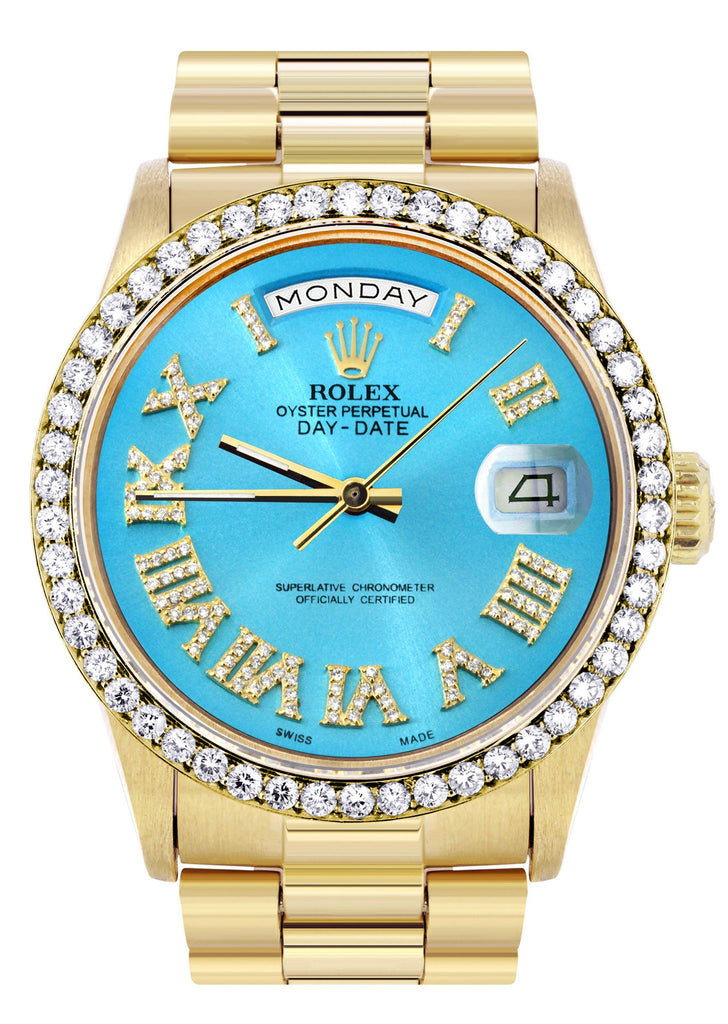 Rolex Day-Date | Presidential | 18K Yellow Gold | Diamond Bezel | Light Blue Diamond Roman DIal CUSTOM ROLEX FROST NYC 