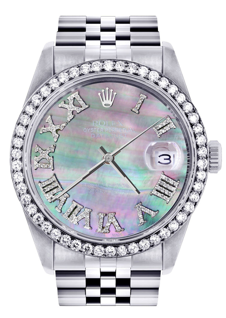 Diamond Rolex Datejust Watch | 36Mm | Dark Mother Of Pearl Dial | Roman Numeral | Jubilee Band CUSTOM ROLEX FROST NYC 