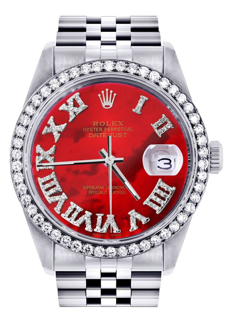Diamond Rolex Datejust Watch | 36Mm | Diamond Red Mother Of Pearl Roman Numeral Dial | Jubilee Band CUSTOM ROLEX FROST NYC 