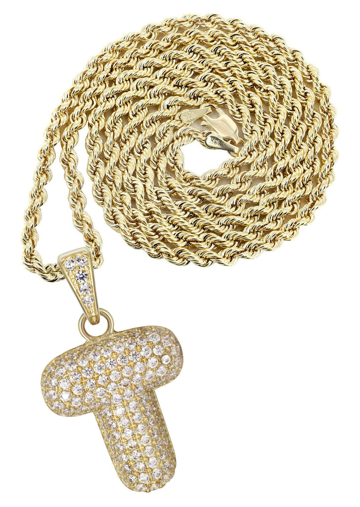 10K Yellow Gold Rope Chain & Bubble Letter "T" Cz Pendant | Appx. 13 Grams chain & pendant FrostNYC 