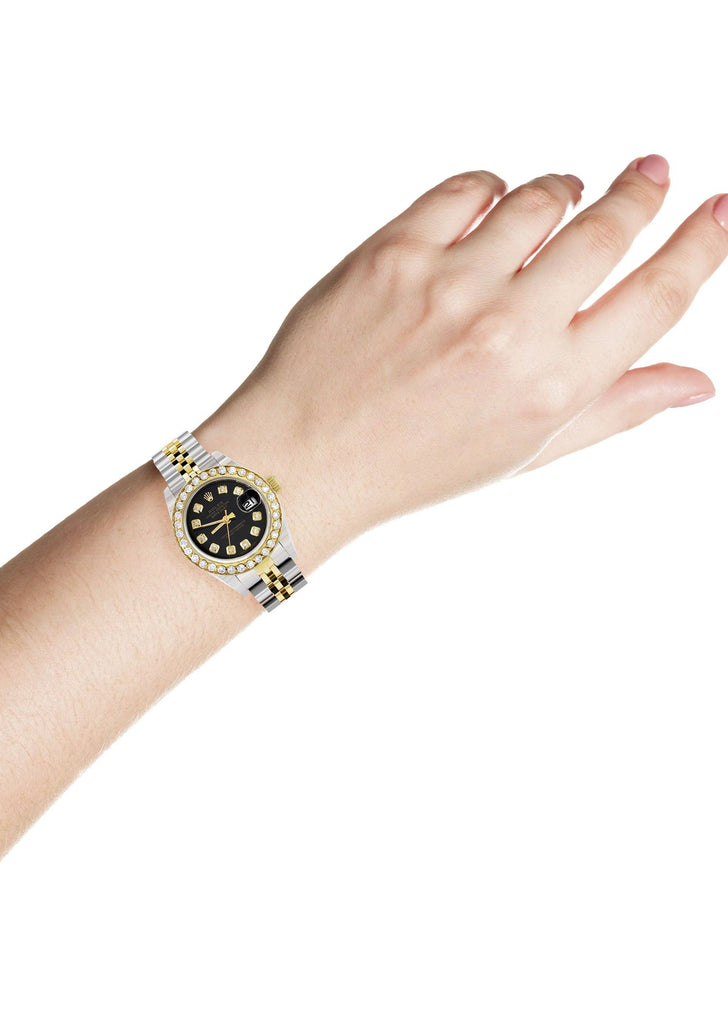 Womens Diamond Gold Rolex Watch | 1 Carat Bezel | 26Mm | Black Dial | Jubilee Band women custom rolex FROST NYC 