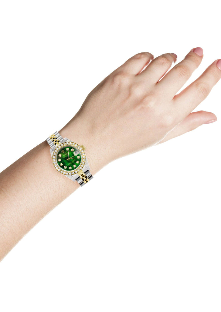 Womens Diamond Gold Rolex Watch | 1 Carat Bezel | 26Mm | Green Pearl Dial | Jubilee Band FROST NYC 