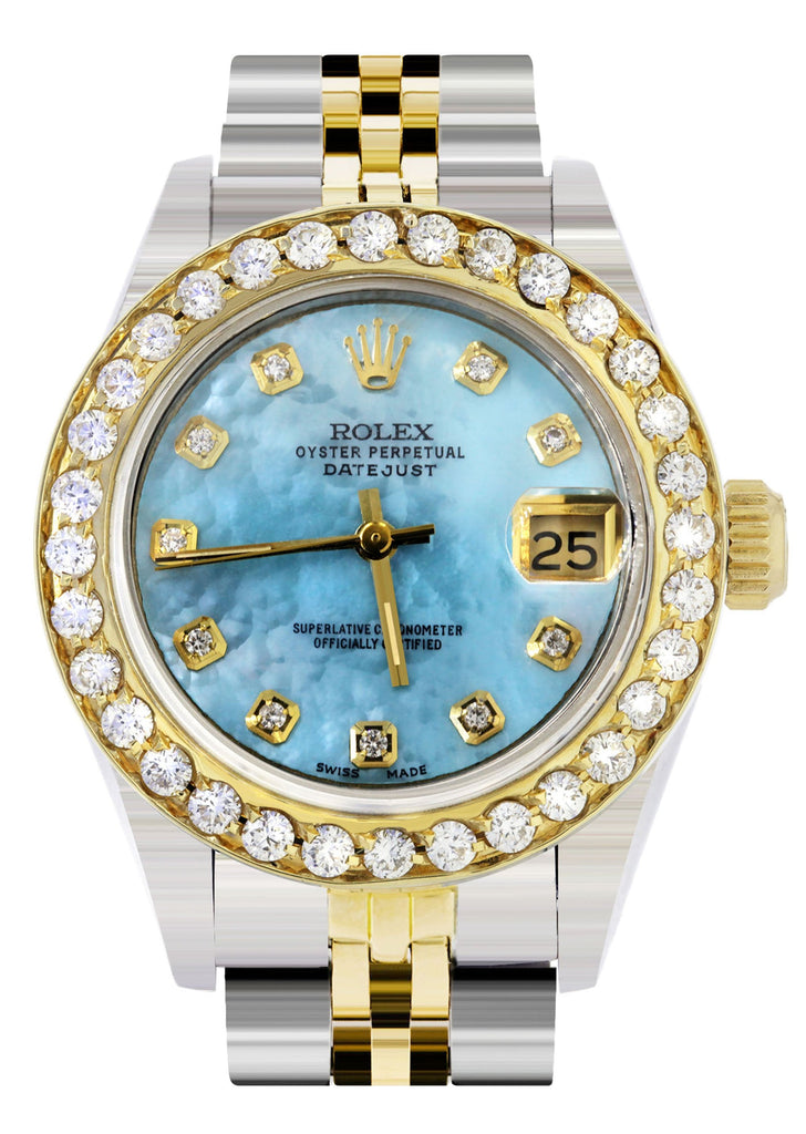 Womens Diamond Gold Rolex Watch | 1 Carat Bezel | 26Mm | Blue Pearl Dial | Jubilee Band women custom rolex MANUFACTURER 11 