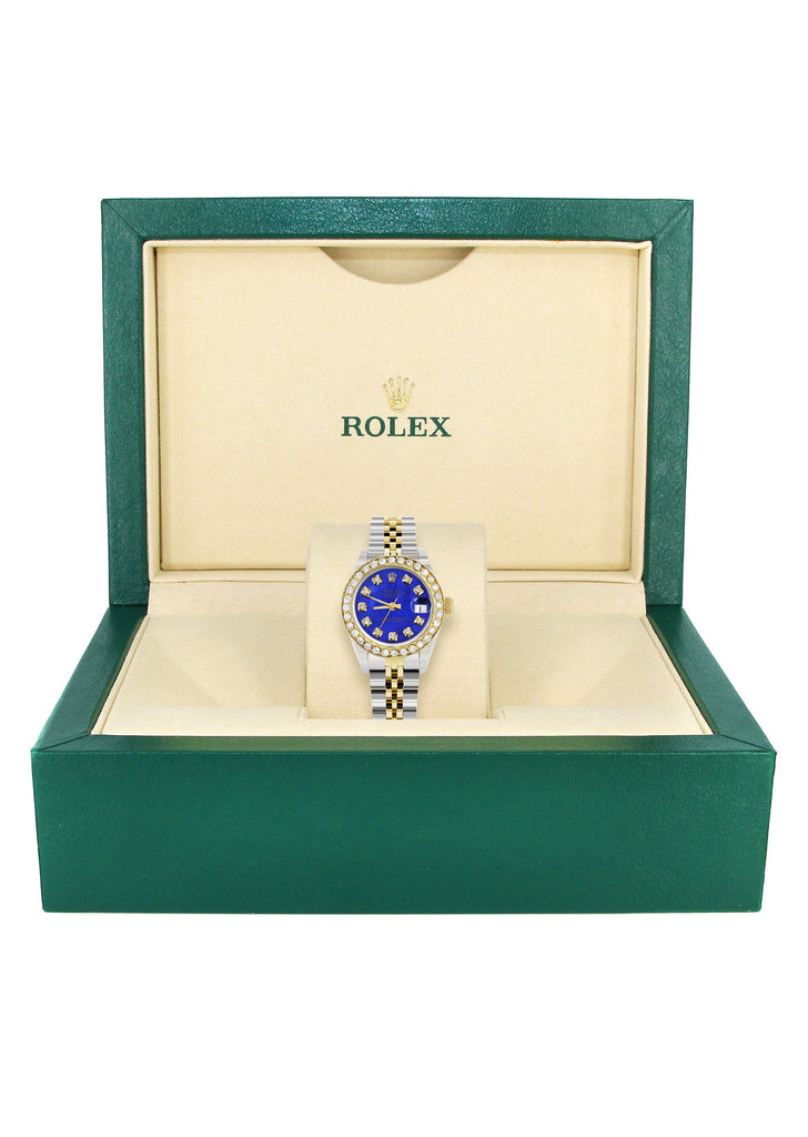 Womens Diamond Gold Rolex Watch | 1 Carat Bezel | 26Mm | Royal Blue Pearl Dial | Jubilee Band women custom rolex MANUFACTURER 11 