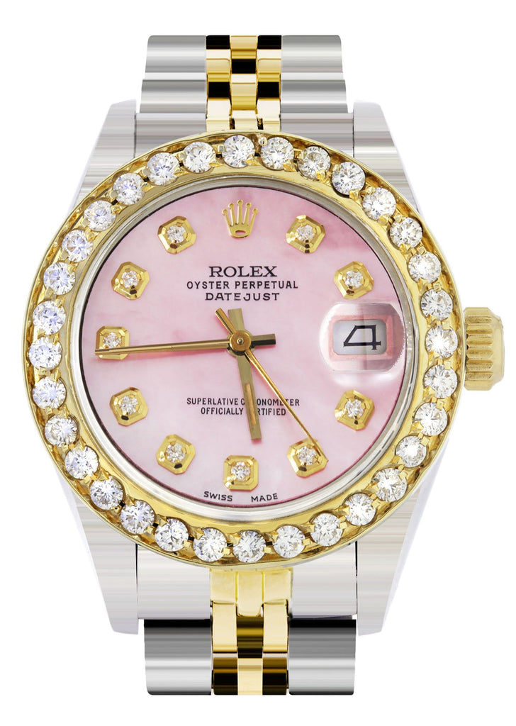 Womens Diamond Gold Rolex Watch | 1 Carat Bezel | 26Mm | Light Pink Pearl Dial | Jubilee Band women custom rolex MANUFACTURER 11 