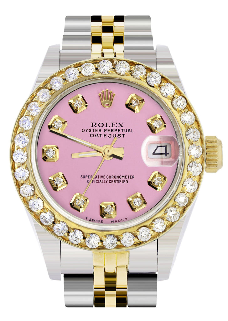 Womens Diamond Gold Rolex Watch | 1 Carat Bezel | 26Mm | Pink Dial | Jubilee Band women custom rolex MANUFACTURER 11 