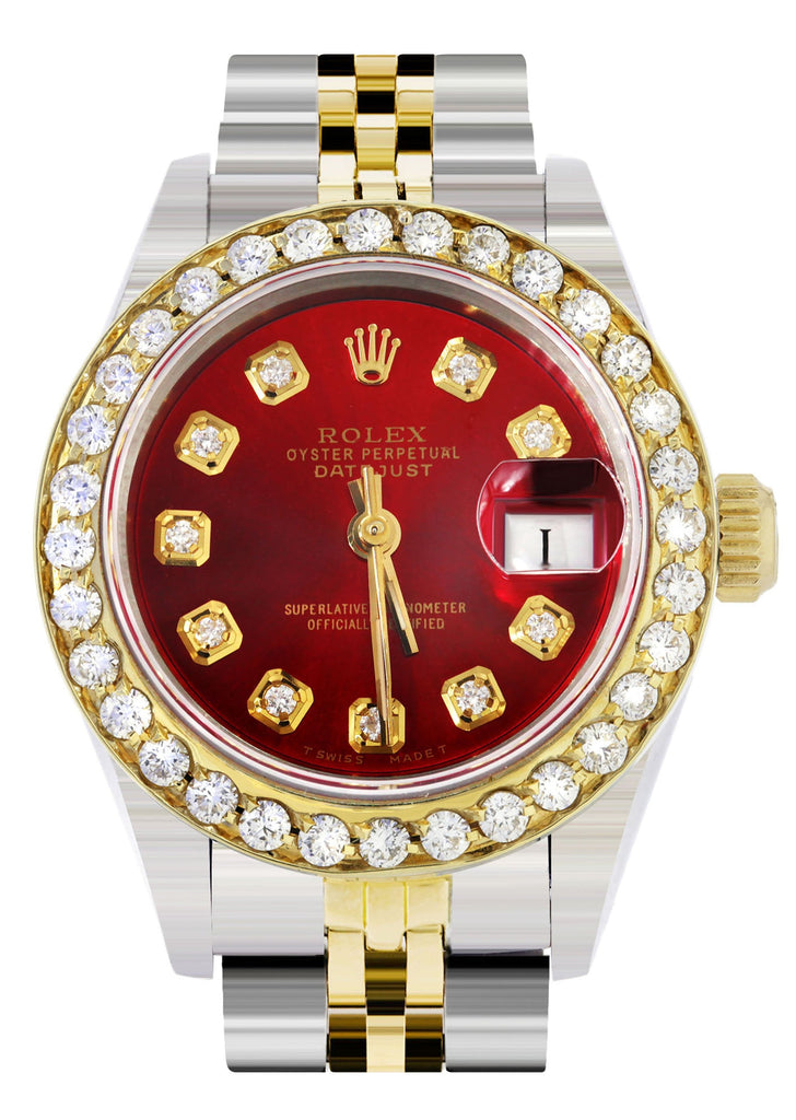 Womens Diamond Gold Rolex Watch | 1 Carat Bezel | 26Mm | Red Pearl Dial | Jubilee Band women custom rolex MANUFACTURER 11 